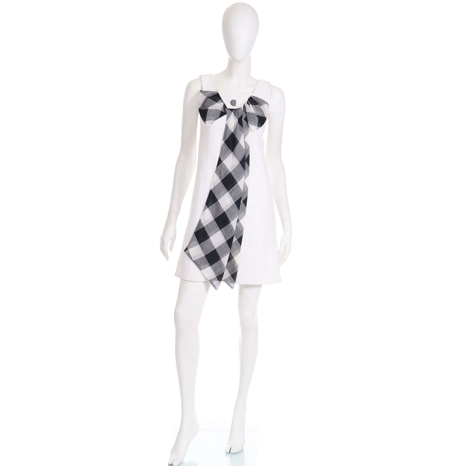 1960s Mod Vintage Dress in White Cotton Pique W Black Buffalo Check Bow