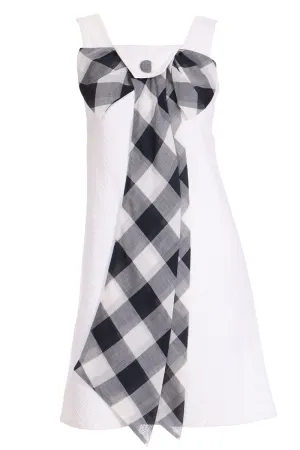 1960s Mod Vintage Dress in White Cotton Pique W Black Buffalo Check Bow