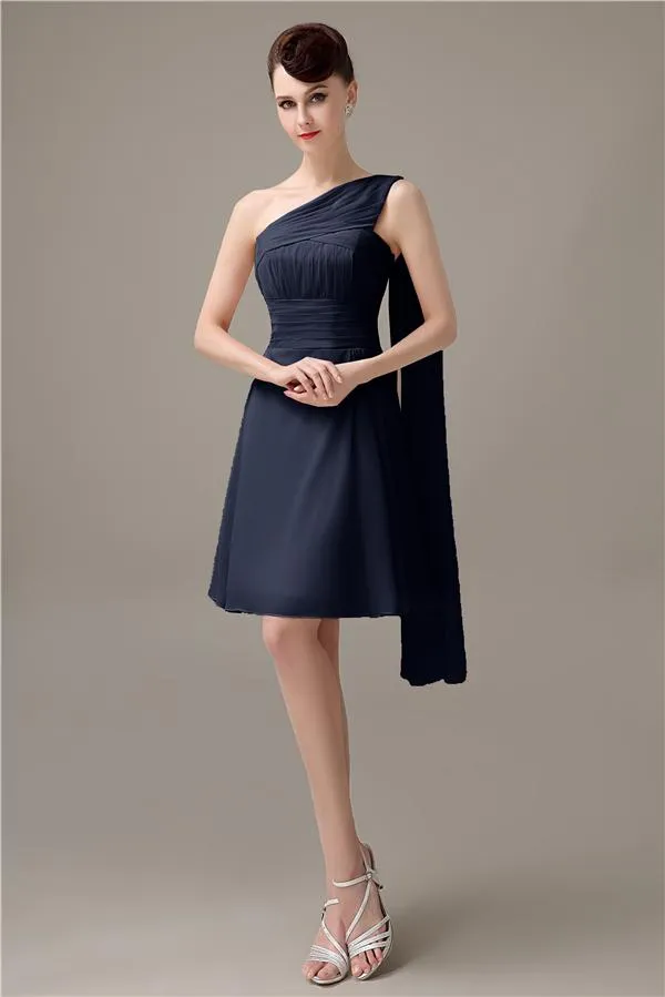 A-line Chiffon One Shoulder Unique Short Bridesmaid Dresses