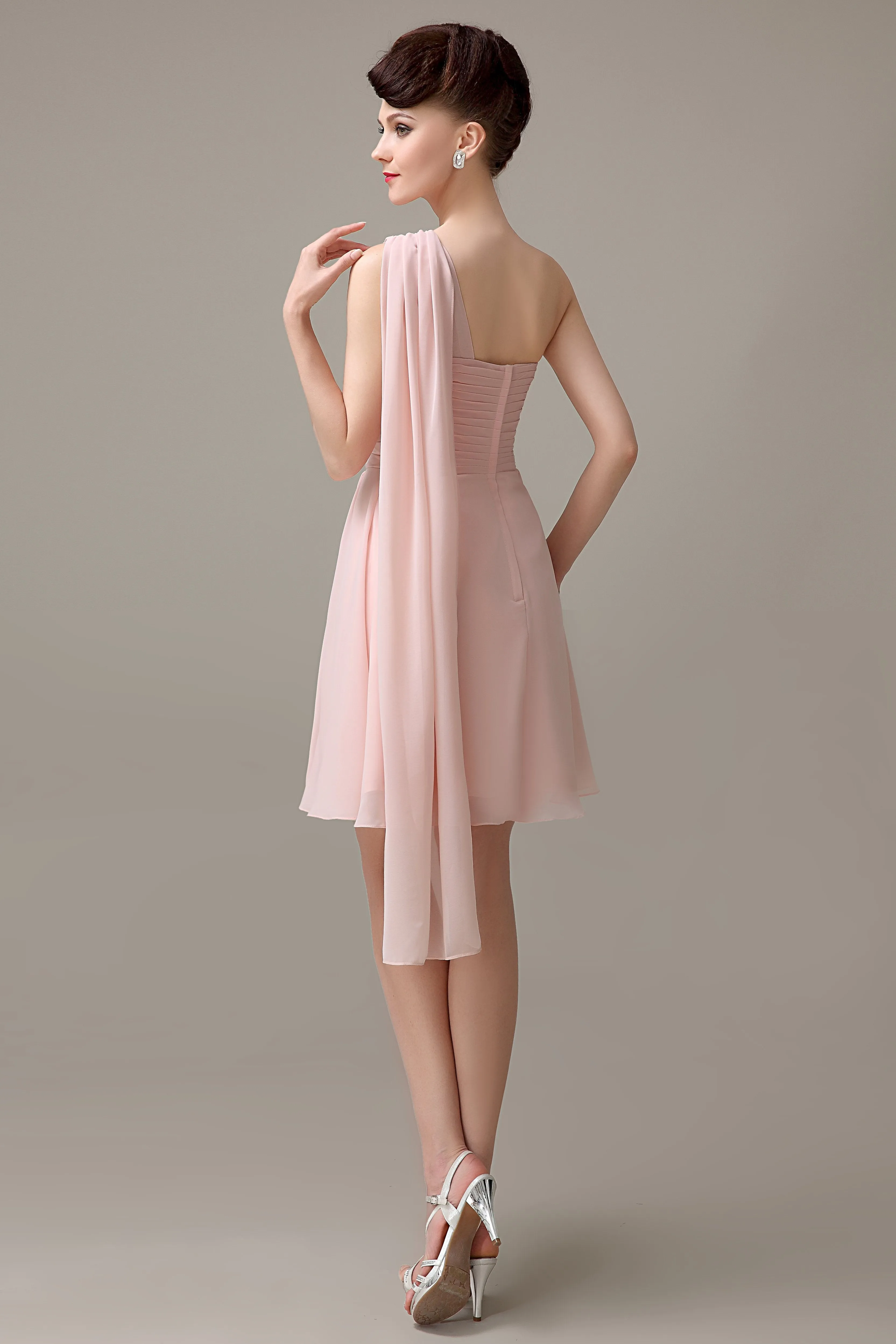 A-line Chiffon One Shoulder Unique Short Bridesmaid Dresses