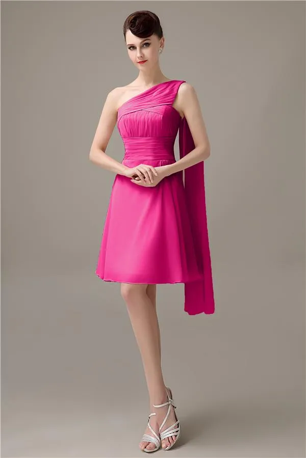 A-line Chiffon One Shoulder Unique Short Bridesmaid Dresses