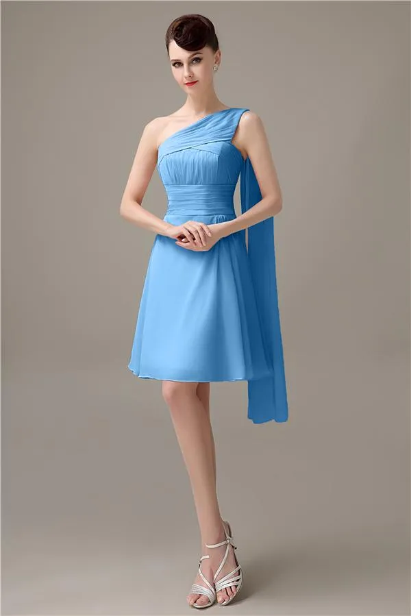 A-line Chiffon One Shoulder Unique Short Bridesmaid Dresses