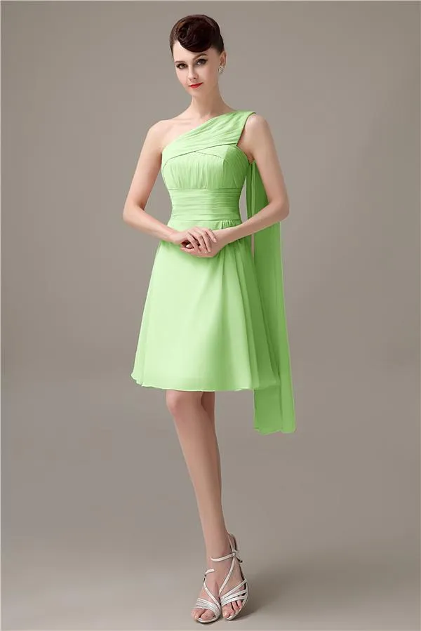 A-line Chiffon One Shoulder Unique Short Bridesmaid Dresses