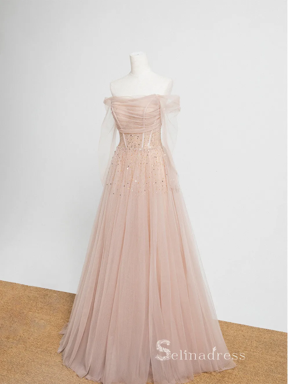 A-line Off-the-shoulder Pink Long Prom Dress Unique Evening Dresses GKF024