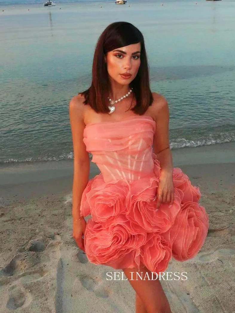 A-line Strapless Ruffles Short Prom Dress Unique Homecoming Dress KTS048