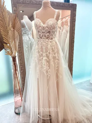 A-line Straps Romantic Lace Country Wedding Dresses LOP610