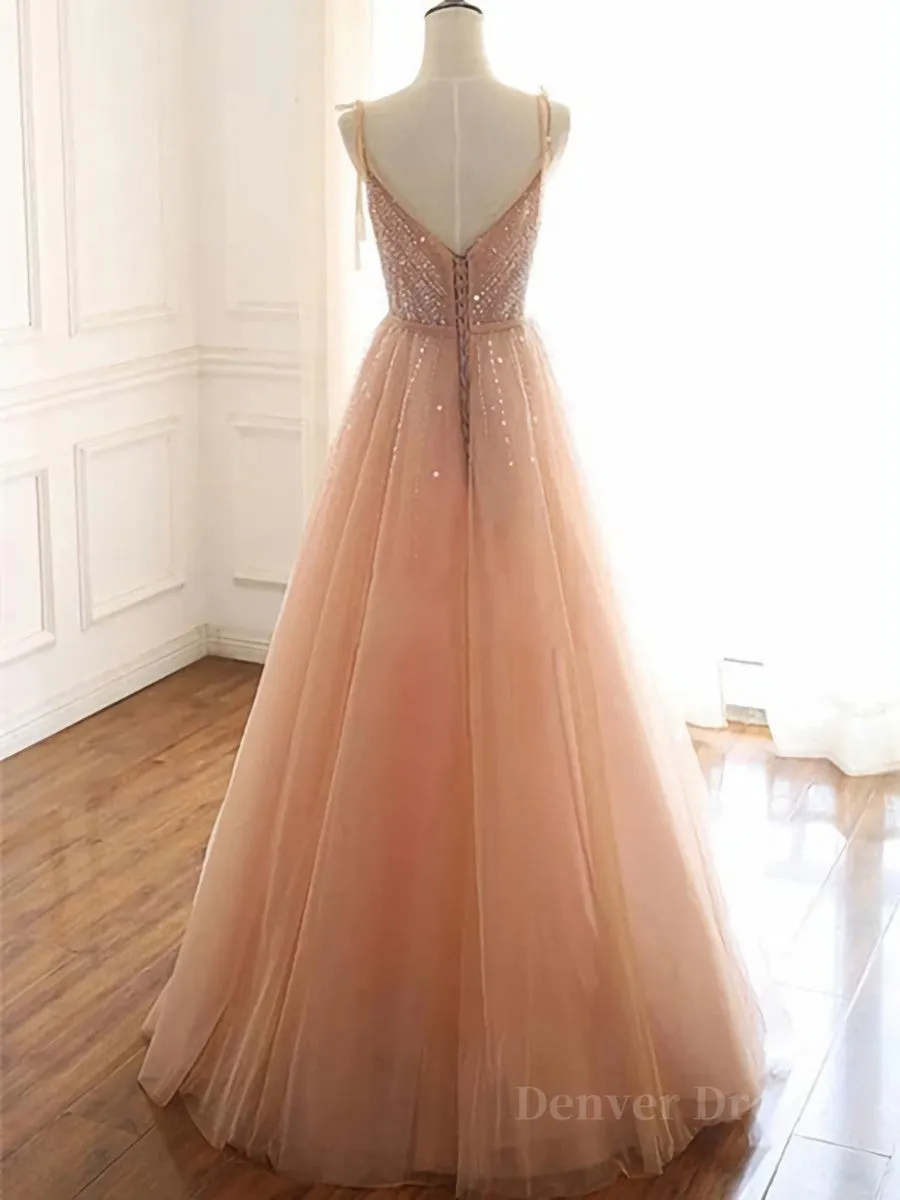 A Line V Neck Champagne Tulle Long Beaded Prom Dresses Champagne Long Formal Evening Dresses