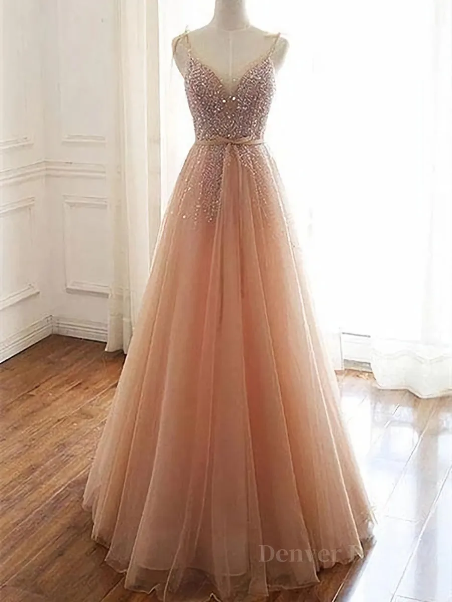 A Line V Neck Champagne Tulle Long Beaded Prom Dresses Champagne Long Formal Evening Dresses