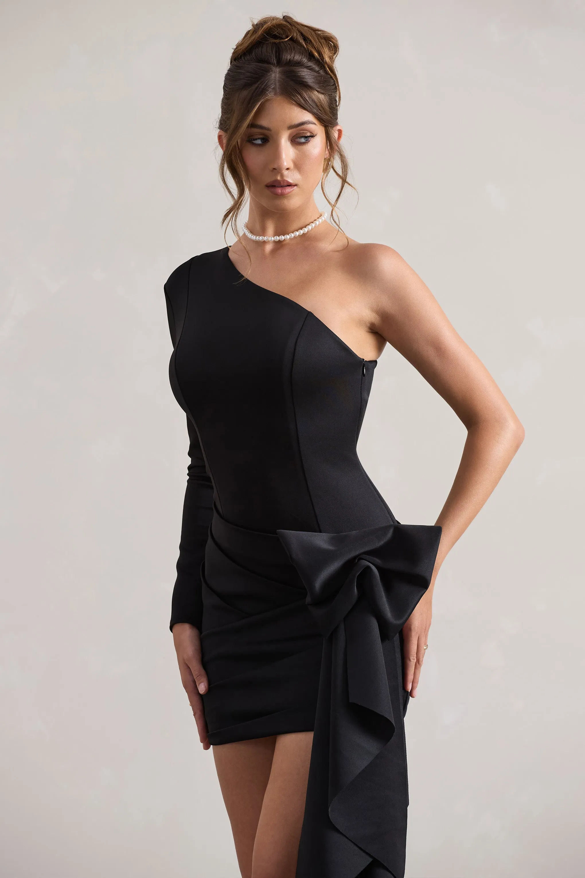 Abstract | Black One Shoulder Mini Dress With Side Drape