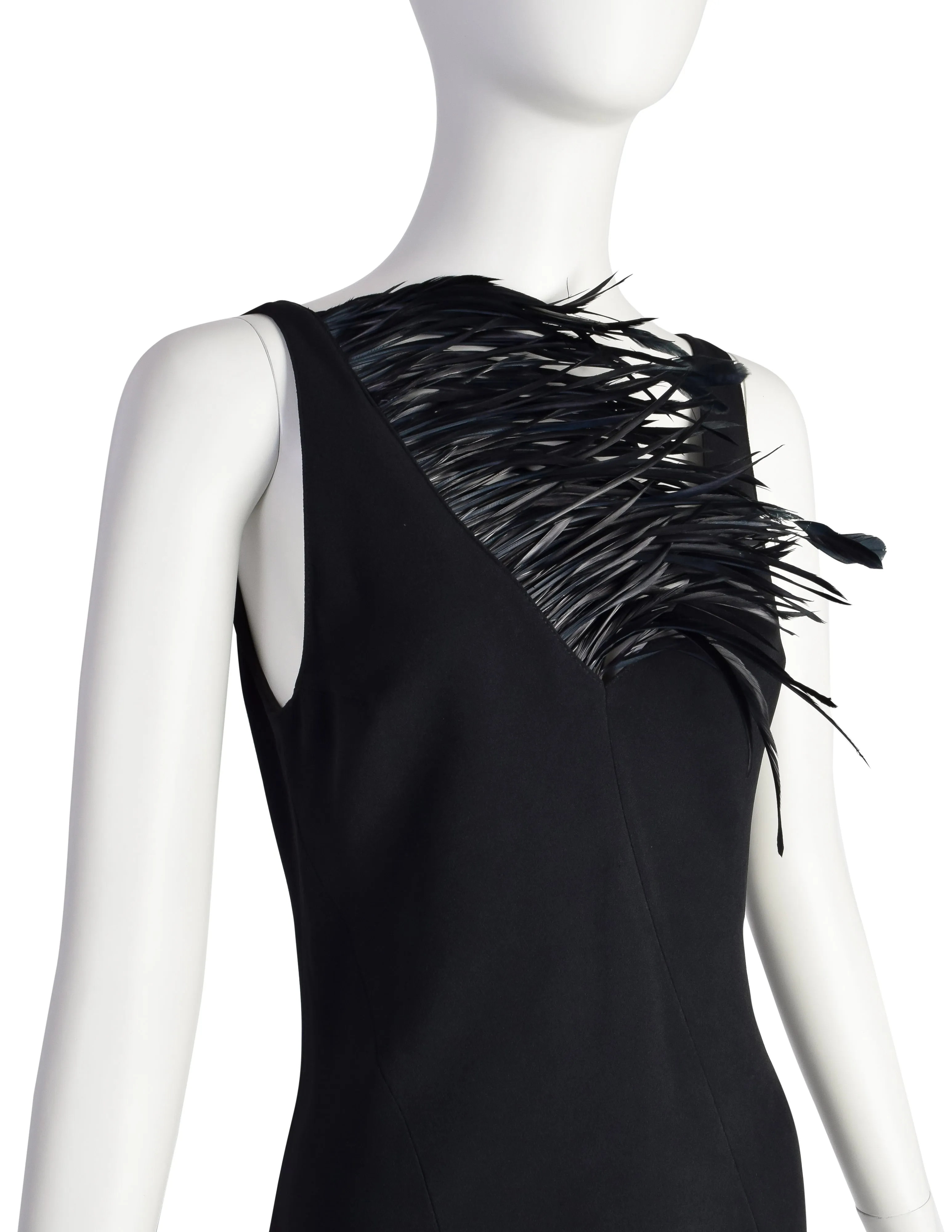 Anna Molinari Vintage Black Dramatic Feather Neckline Sheath Dress