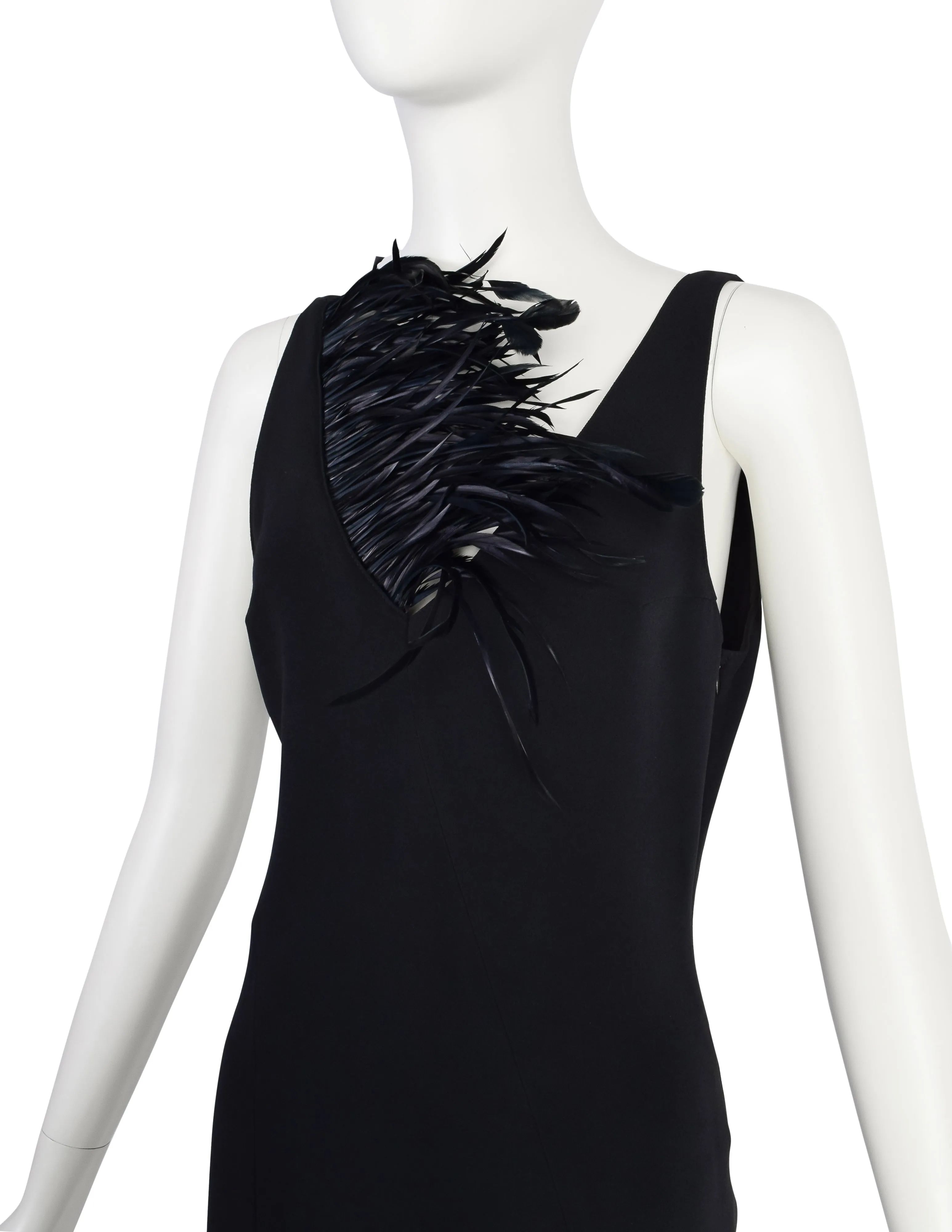 Anna Molinari Vintage Black Dramatic Feather Neckline Sheath Dress