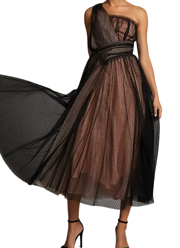 Anthropologie Black One-shoulder Tulle Dot Maxi Dress UK 6