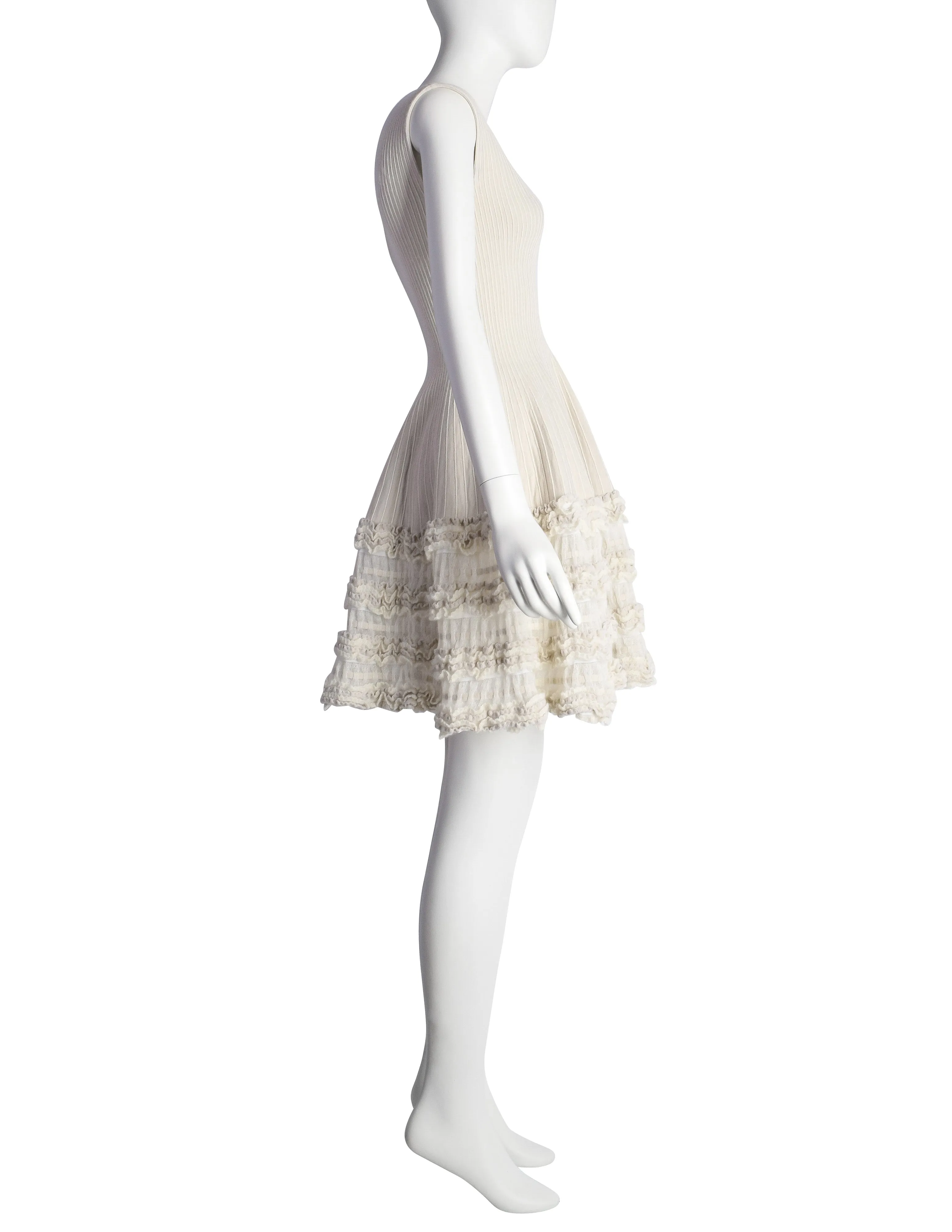 Azzedine Alaia AW 2008 Creamy Ribbed Wool Fit and Flare Ruffle Skirt Dress