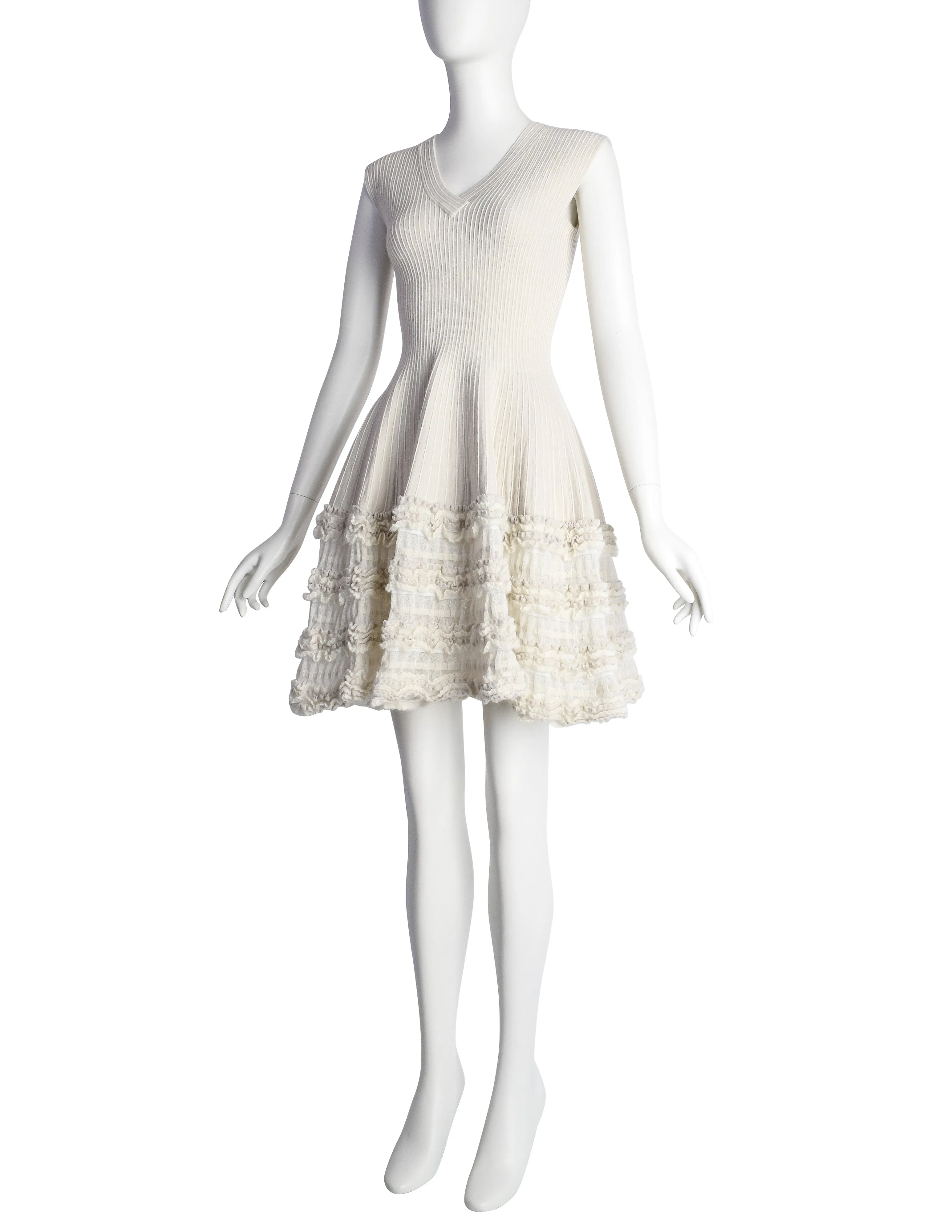 Azzedine Alaia AW 2008 Creamy Ribbed Wool Fit and Flare Ruffle Skirt Dress