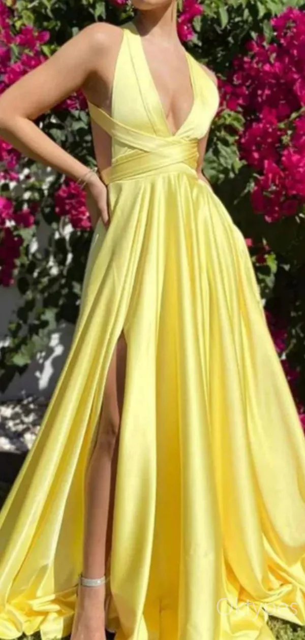 Beautiful Yellow V-Neck Backless A-Line Floor-Length Prom Dresses PDS1163