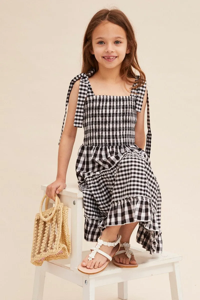 Black Check Fit And Flare Dress Sleeveless Shirred