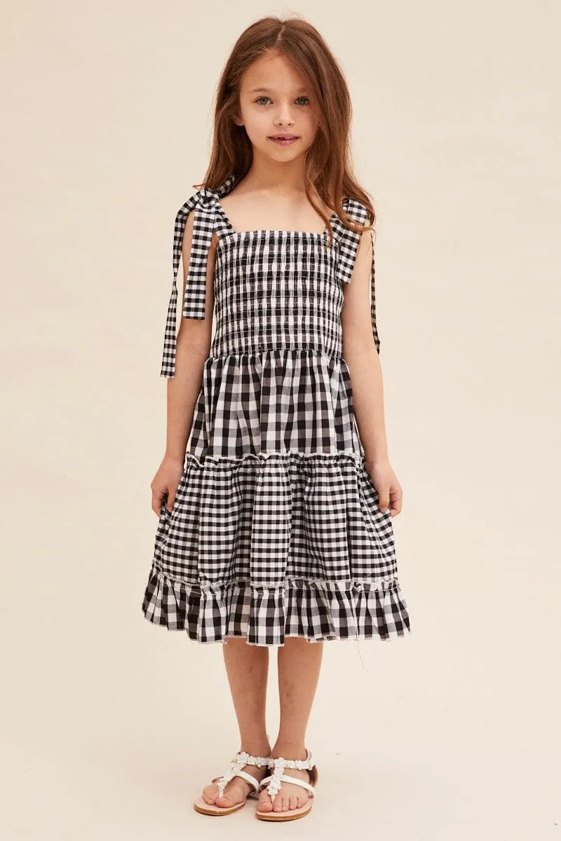 Black Check Fit And Flare Dress Sleeveless Shirred