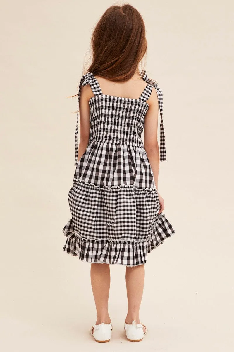 Black Check Fit And Flare Dress Sleeveless Shirred