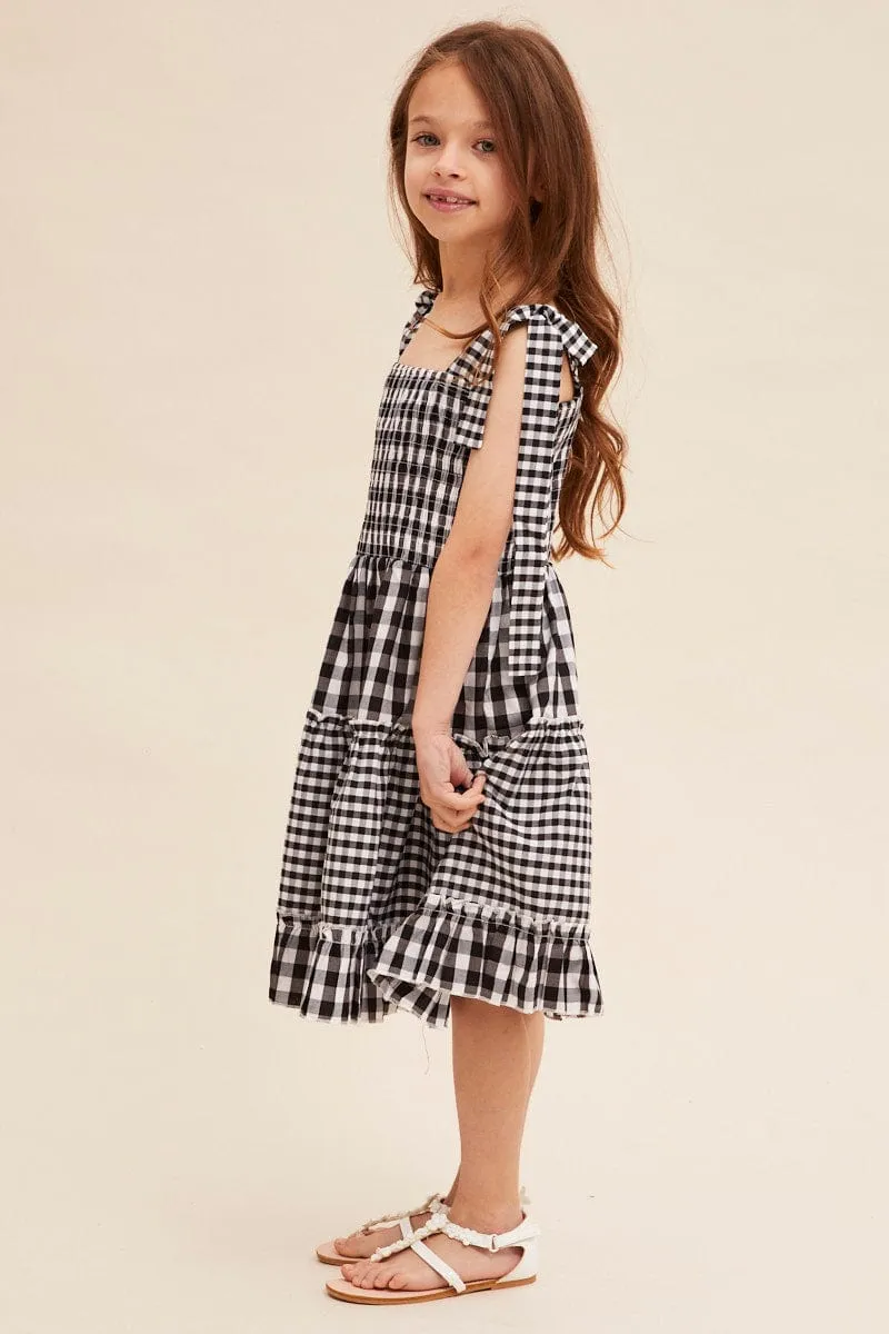 Black Check Fit And Flare Dress Sleeveless Shirred