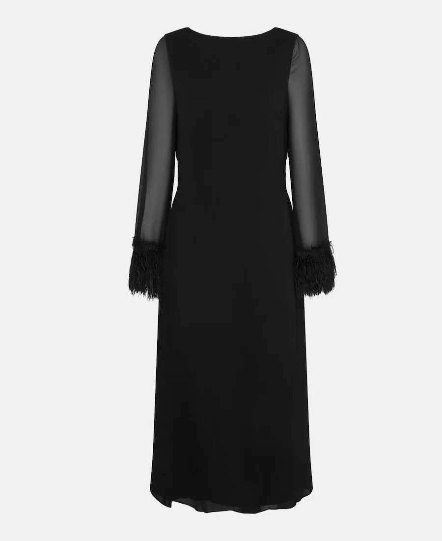 Black Feathered Trim Midaxi Dress