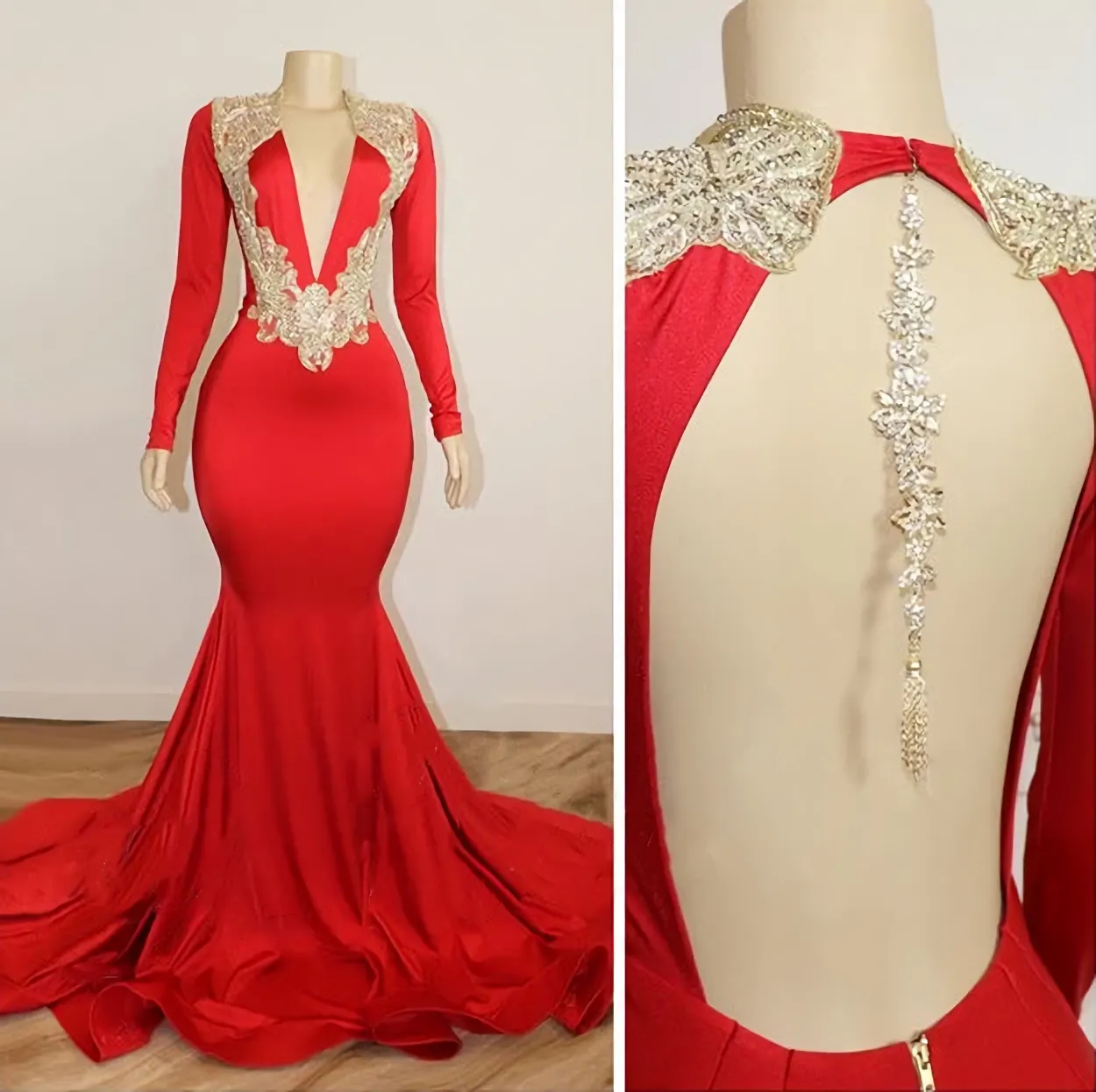 Black Girl Prom Dresses Long Sleeve Red Prom Dresses With Beads Crystals V Neck Open Back Sexy Evening Gowns