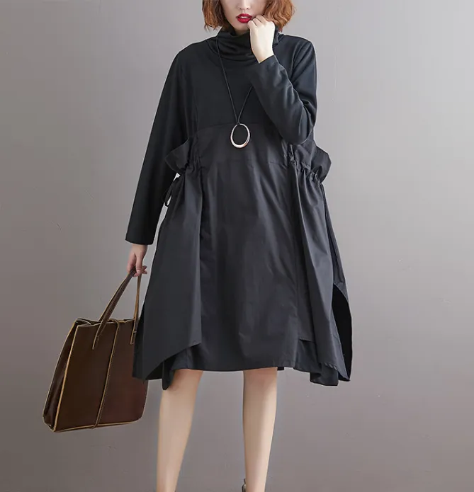 Black High Collar Patchwork Dresses Loose Fall Dresses Casual Women Dresses SSM97213