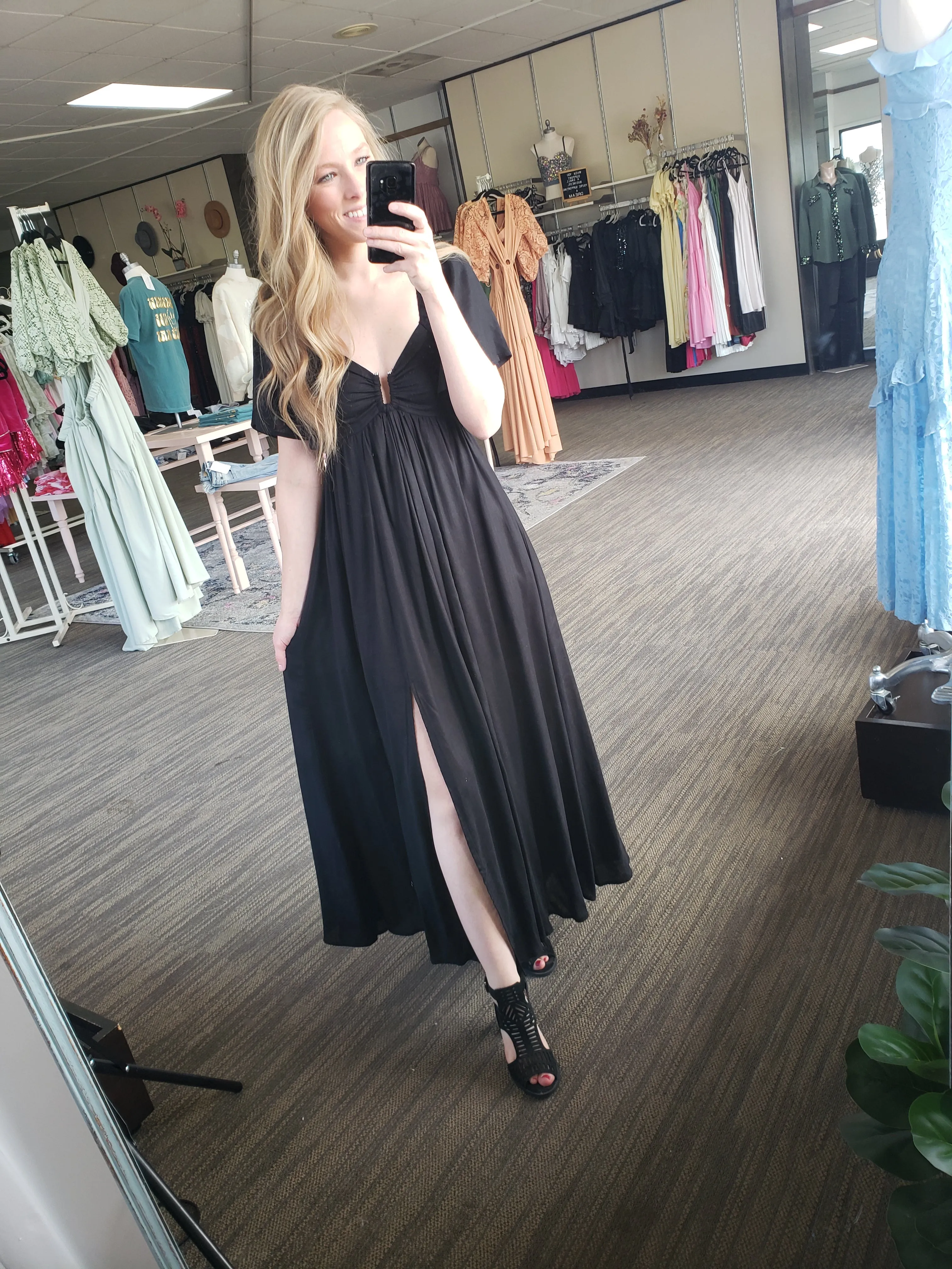 Black Linen Tencel Flutter Sleeve Maxi Dress