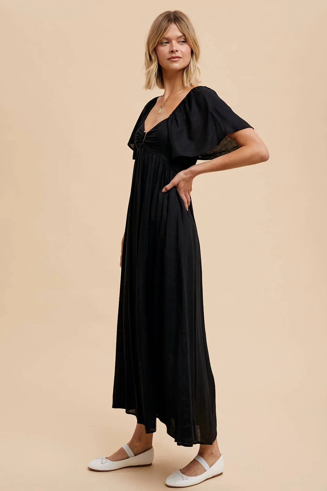 Black Linen Tencel Flutter Sleeve Maxi Dress