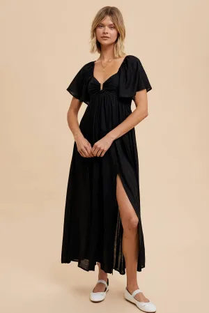 Black Linen Tencel Flutter Sleeve Maxi Dress