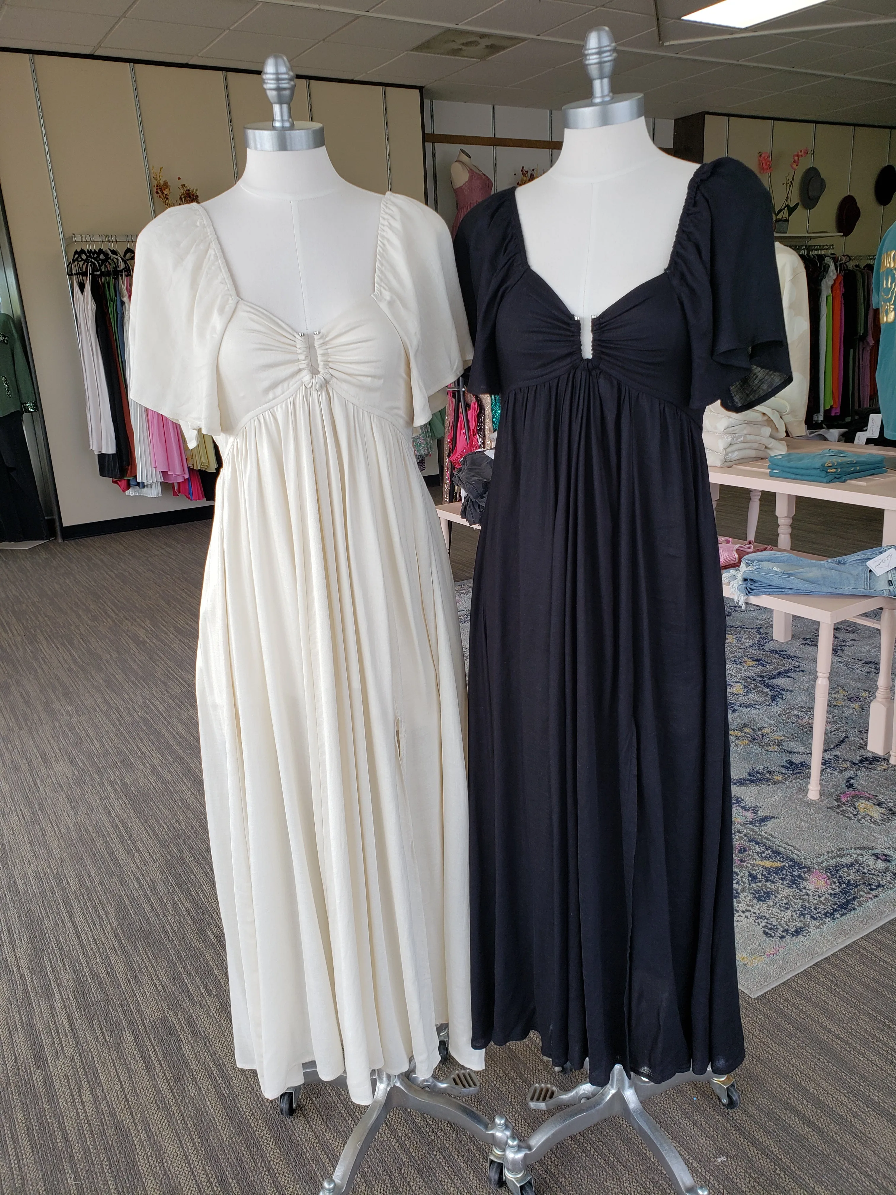 Black Linen Tencel Flutter Sleeve Maxi Dress