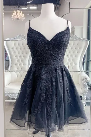 Black V Neck Backless Lace Short Prom Dresses Backless Black Lace Homecoming Dresses Black Lace Formal Evening Dresses