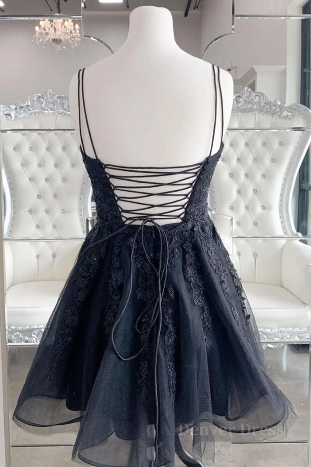 Black V Neck Backless Lace Short Prom Dresses Backless Black Lace Homecoming Dresses Black Lace Formal Evening Dresses