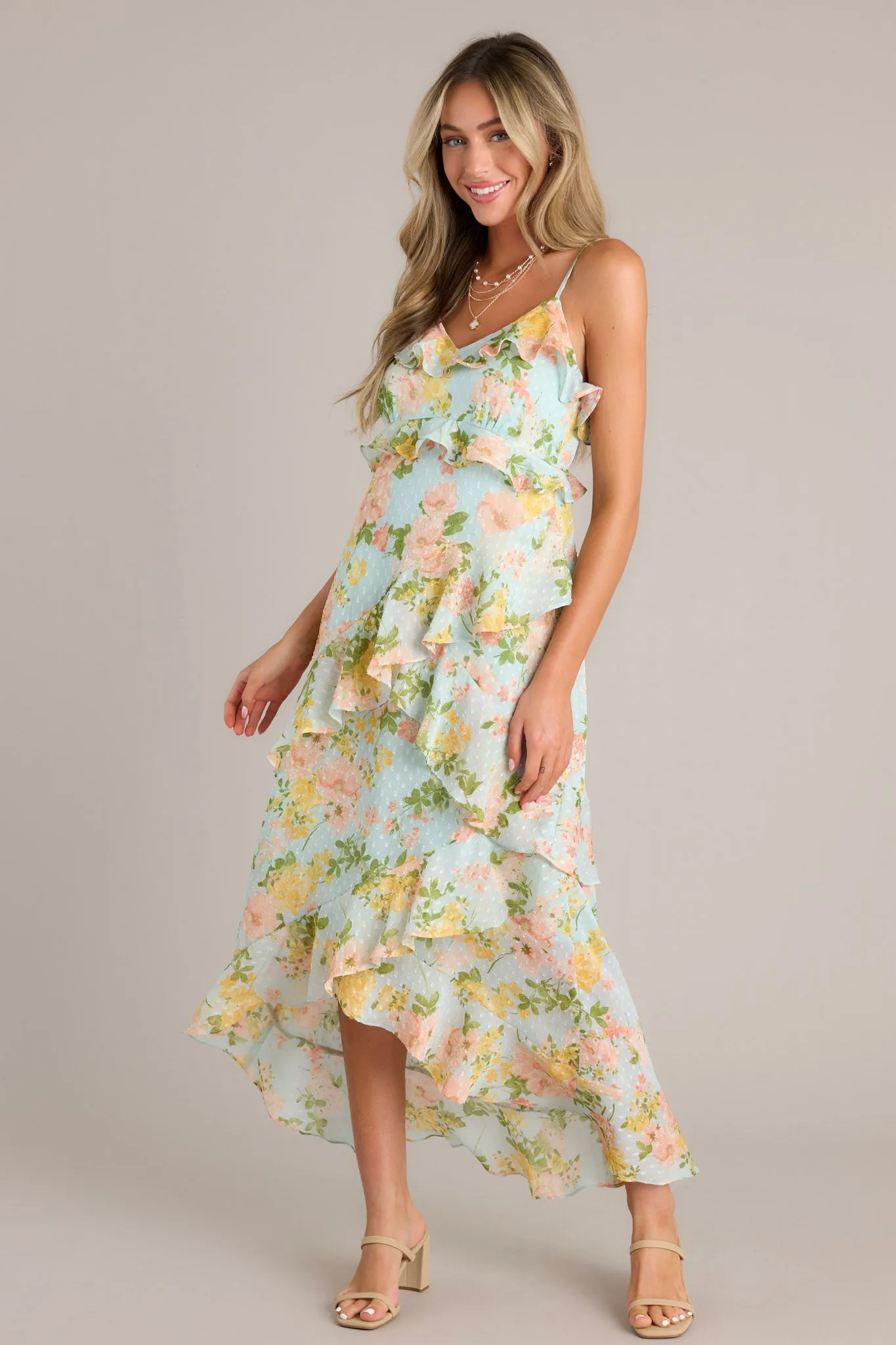 Blossom In Time Blue Multi Floral Ruffle Tiered Midi Dress