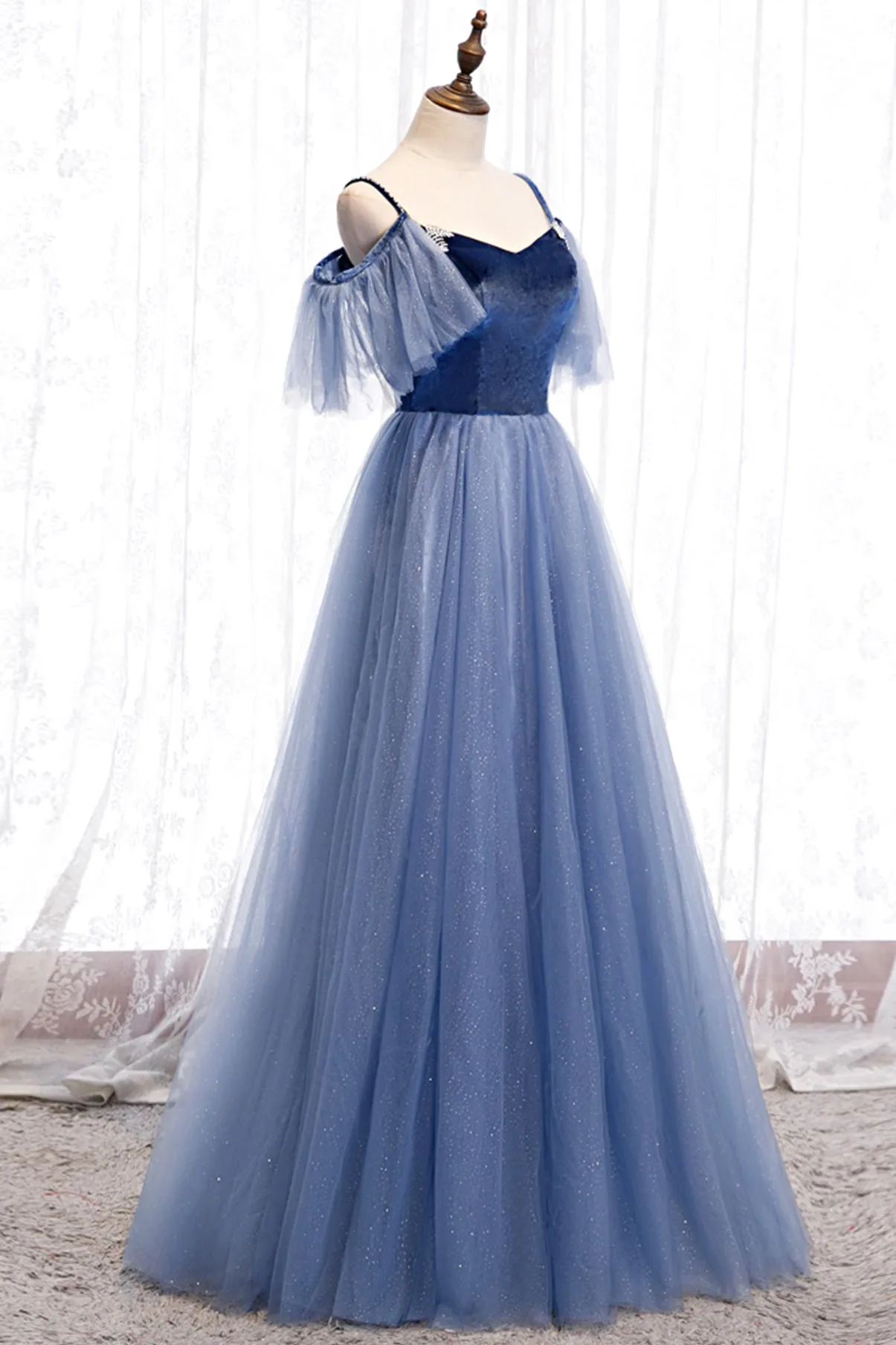 Blue Velvet Tulle Long Prom Dresses Blue A-Line Evening Dresses