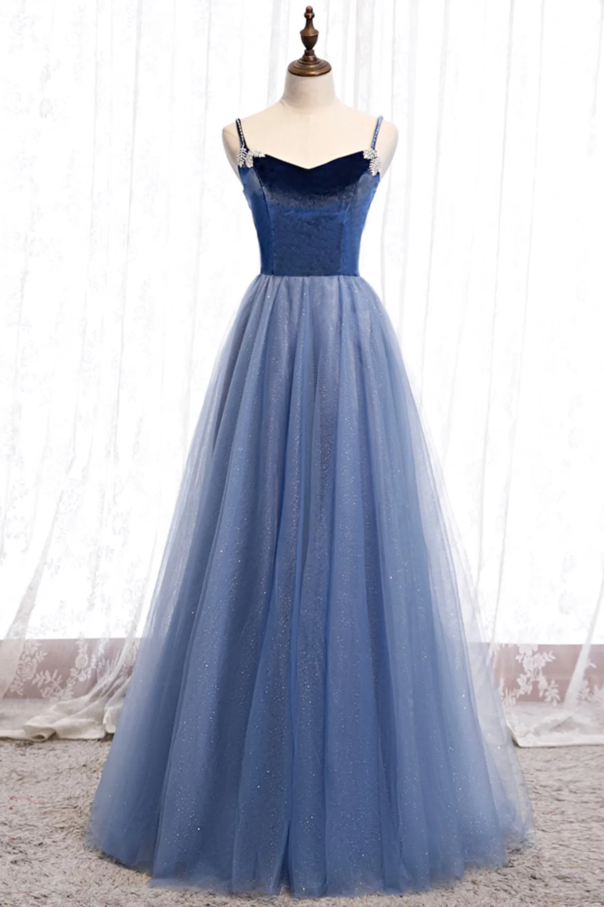 Blue Velvet Tulle Long Prom Dresses Blue A-Line Evening Dresses