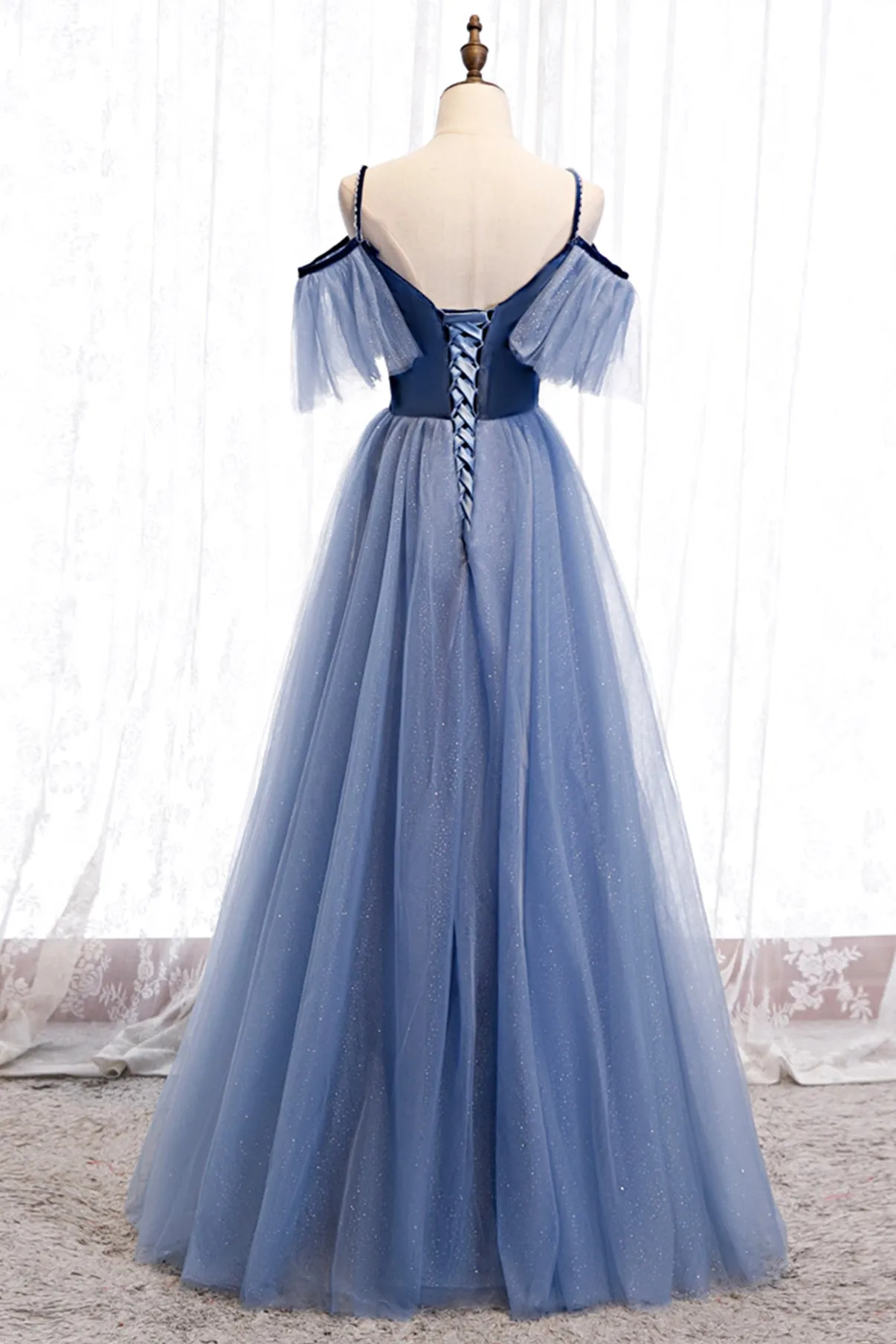 Blue Velvet Tulle Long Prom Dresses Blue A-Line Evening Dresses