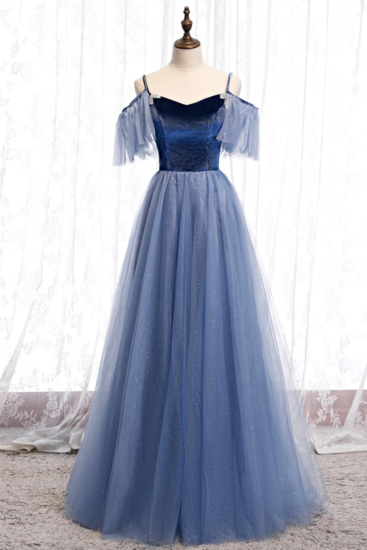 Blue Velvet Tulle Long Prom Dresses Blue A-Line Evening Dresses