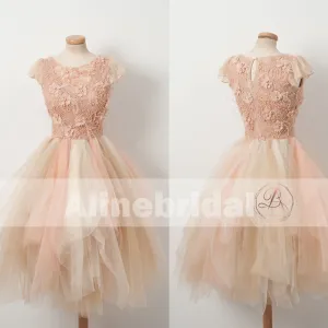 Blush Pink Beaded Handmade Flowers Cap Sleeve Unique Ruffles Homecoming Dresses,BD00227