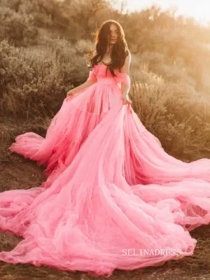 Bright Pink Maternity Dress Tulle Lush Long Train Unique Prom Dresses Cheap Evening Dresses #LPO006