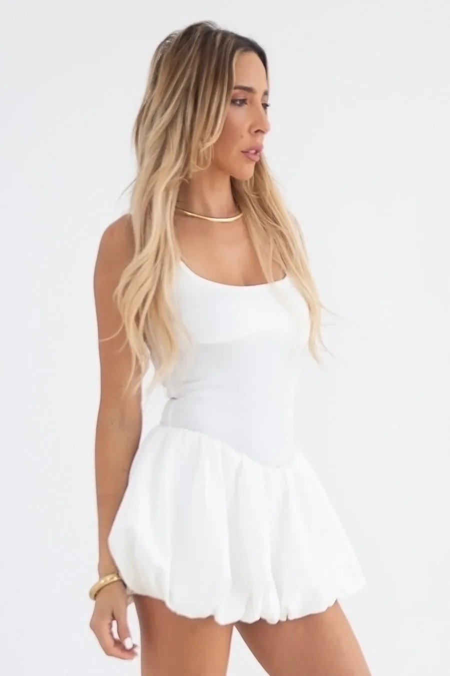 Bubble Skirt Mini Dress - White