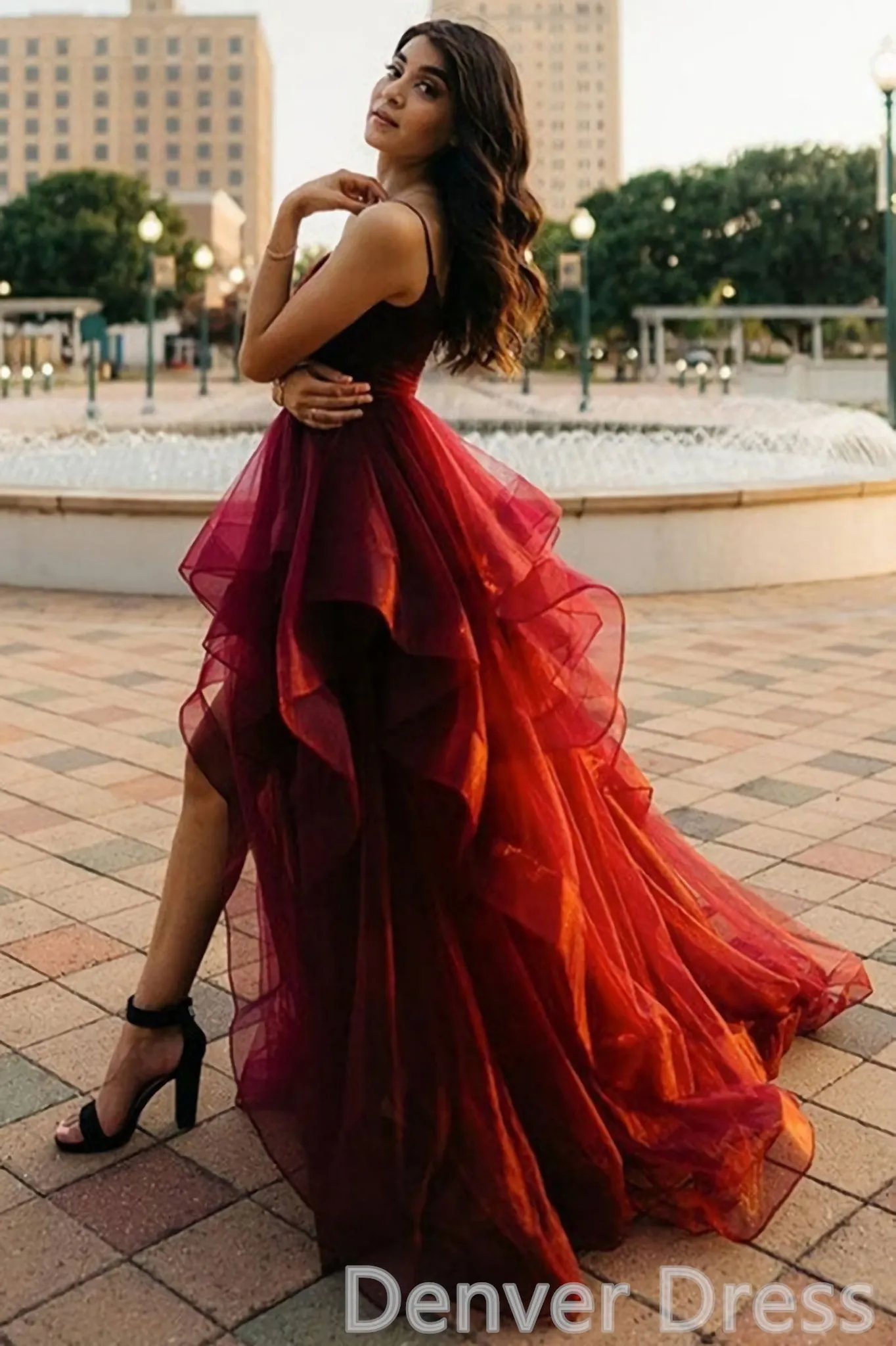 Burgundy Fluffy High Low Formal Dresses Evening Dresses Long Prom Dresses