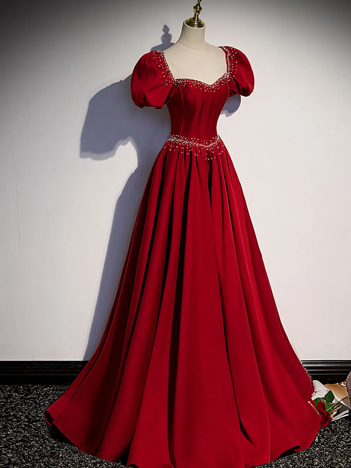 Burgundy Satin Beads Long Prom Dresses, Burgundy Long Formal Dresses