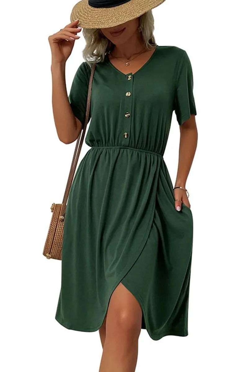 BUTTON POINT TIGHTEN WAIST SLIT DRESS