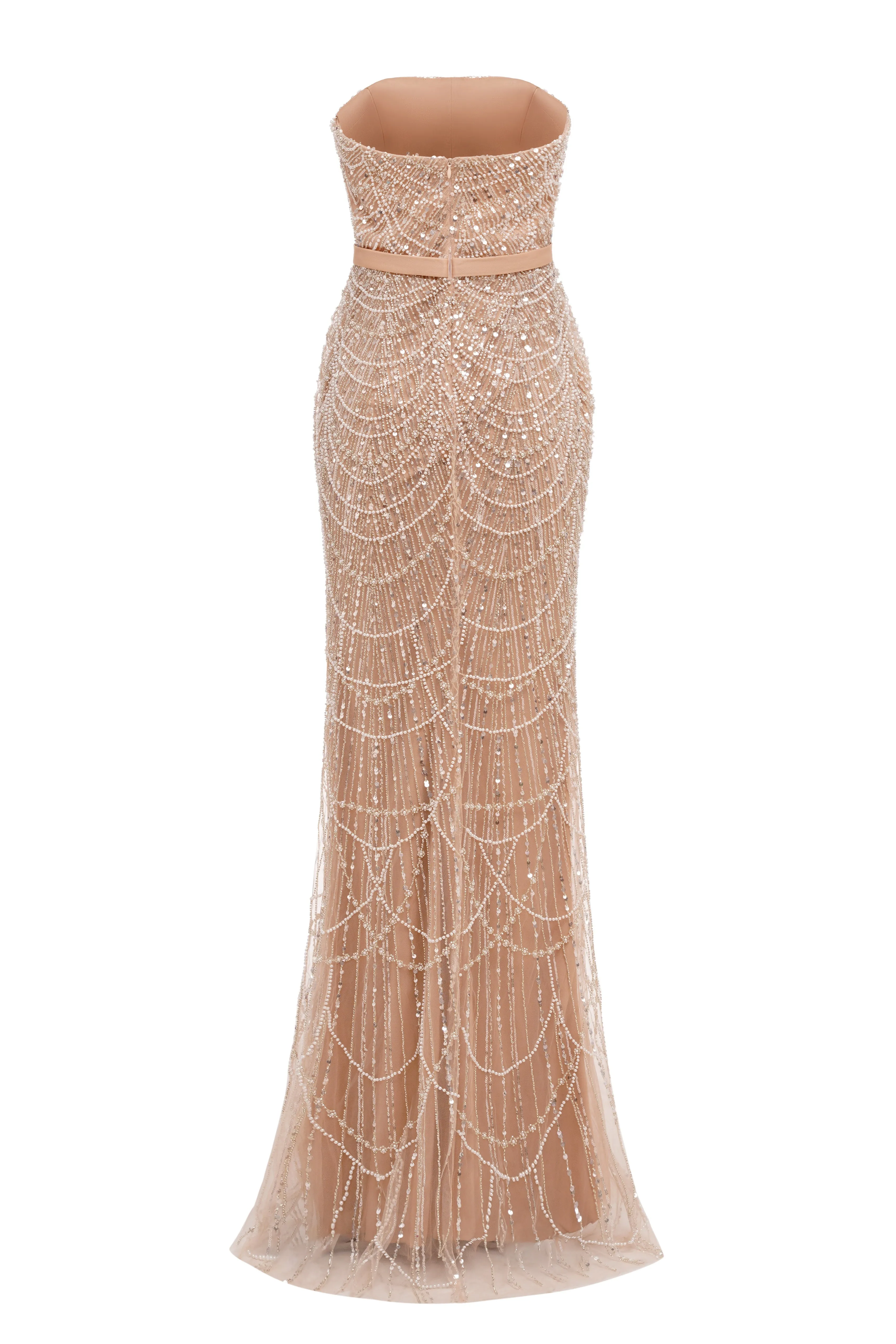 Champagne Beading Prom Dresses Sweep Train High Neck Zipper Sleeveless Evening Dresses