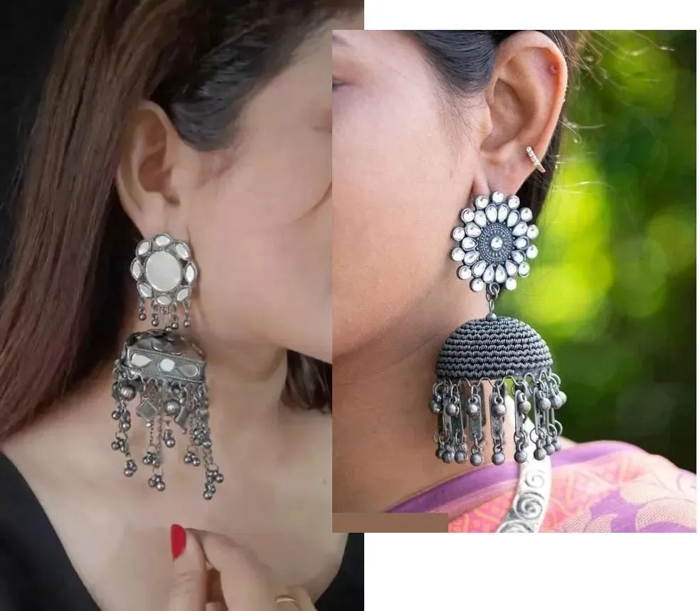 Combo Of 2 Oxidised Silver Dome Shaped Jhumkas