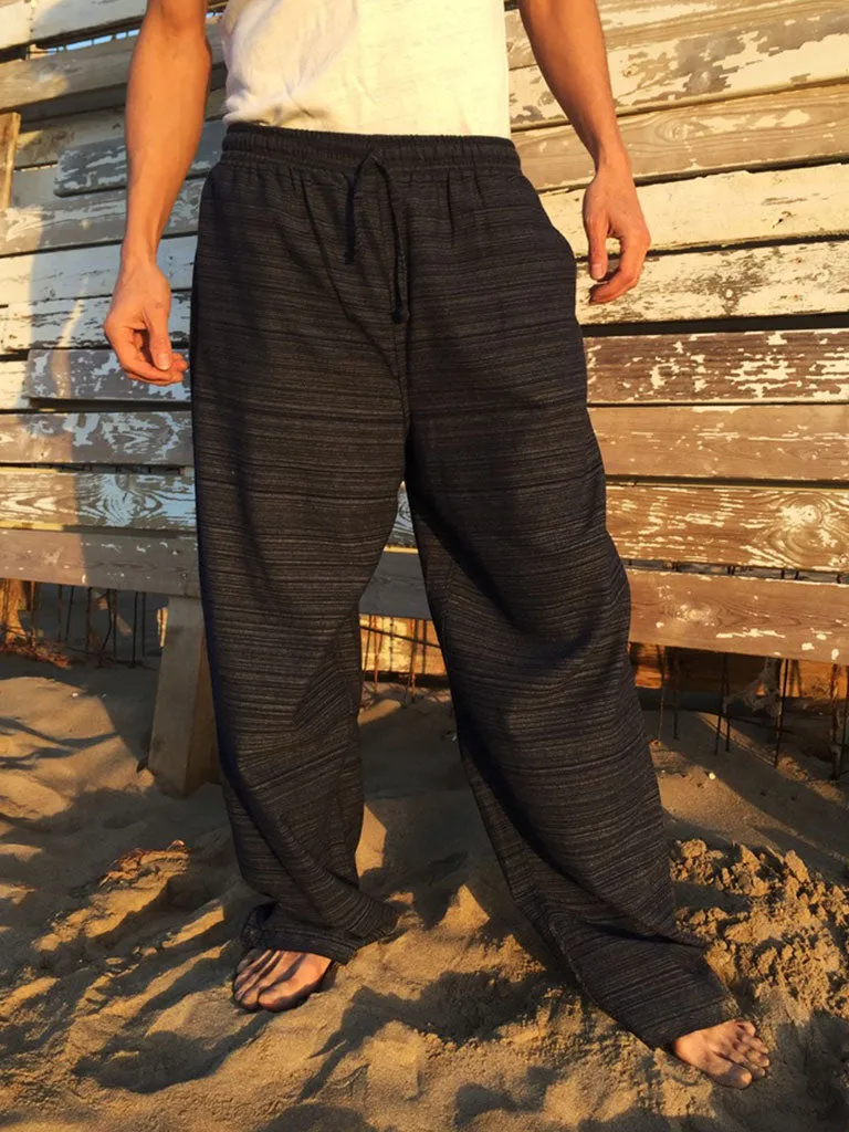 Cotton Drawstring Pants Black Pinstripe Pattern