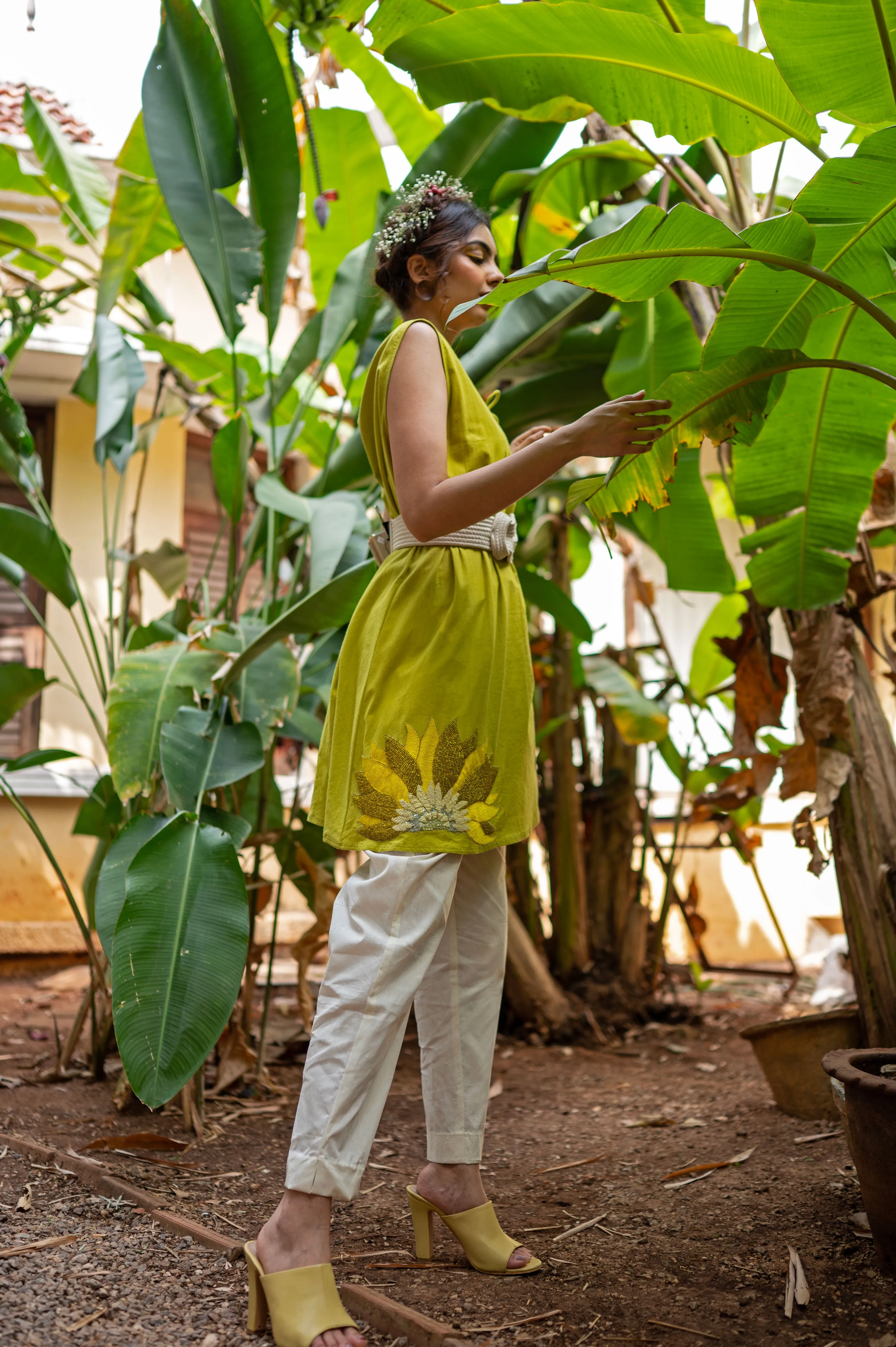 Cotton long top with hand embroidered beaded sunflower motif