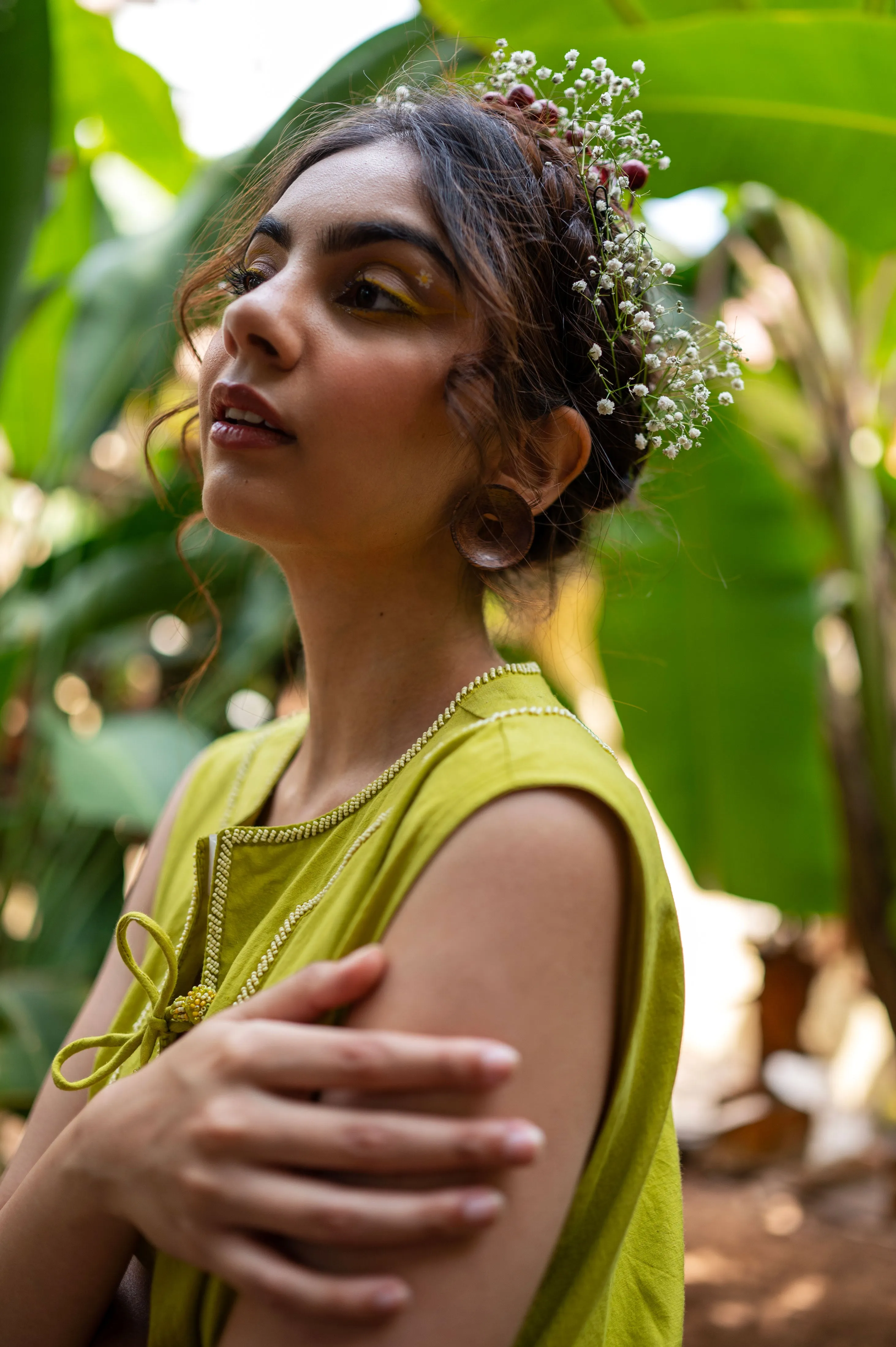 Cotton long top with hand embroidered beaded sunflower motif