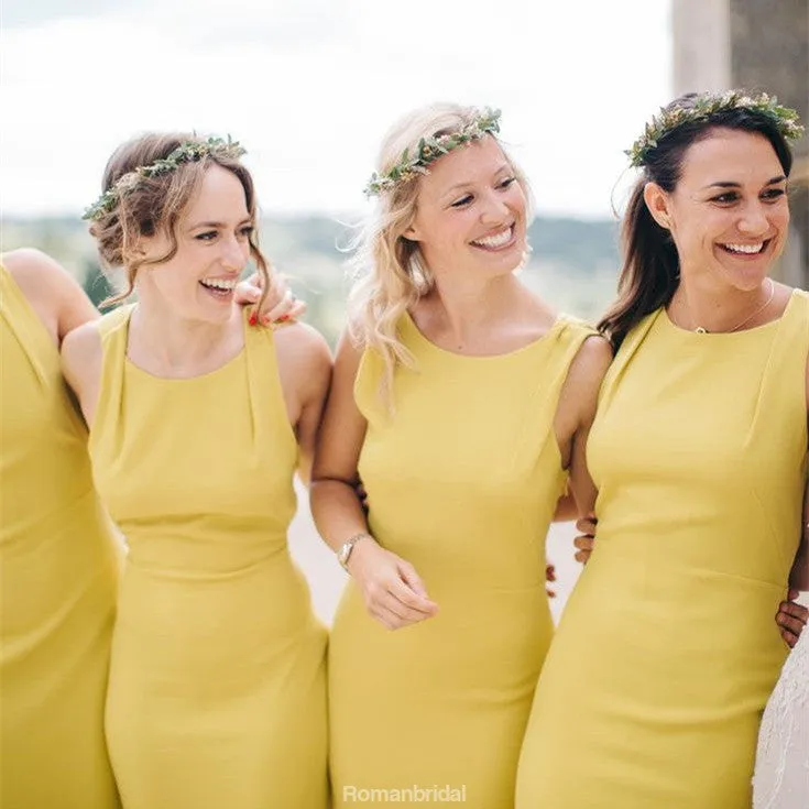 Country Style Floor-length Simple Front slit Cheap Yellow Unique Bridesmaid Dress, BD0511