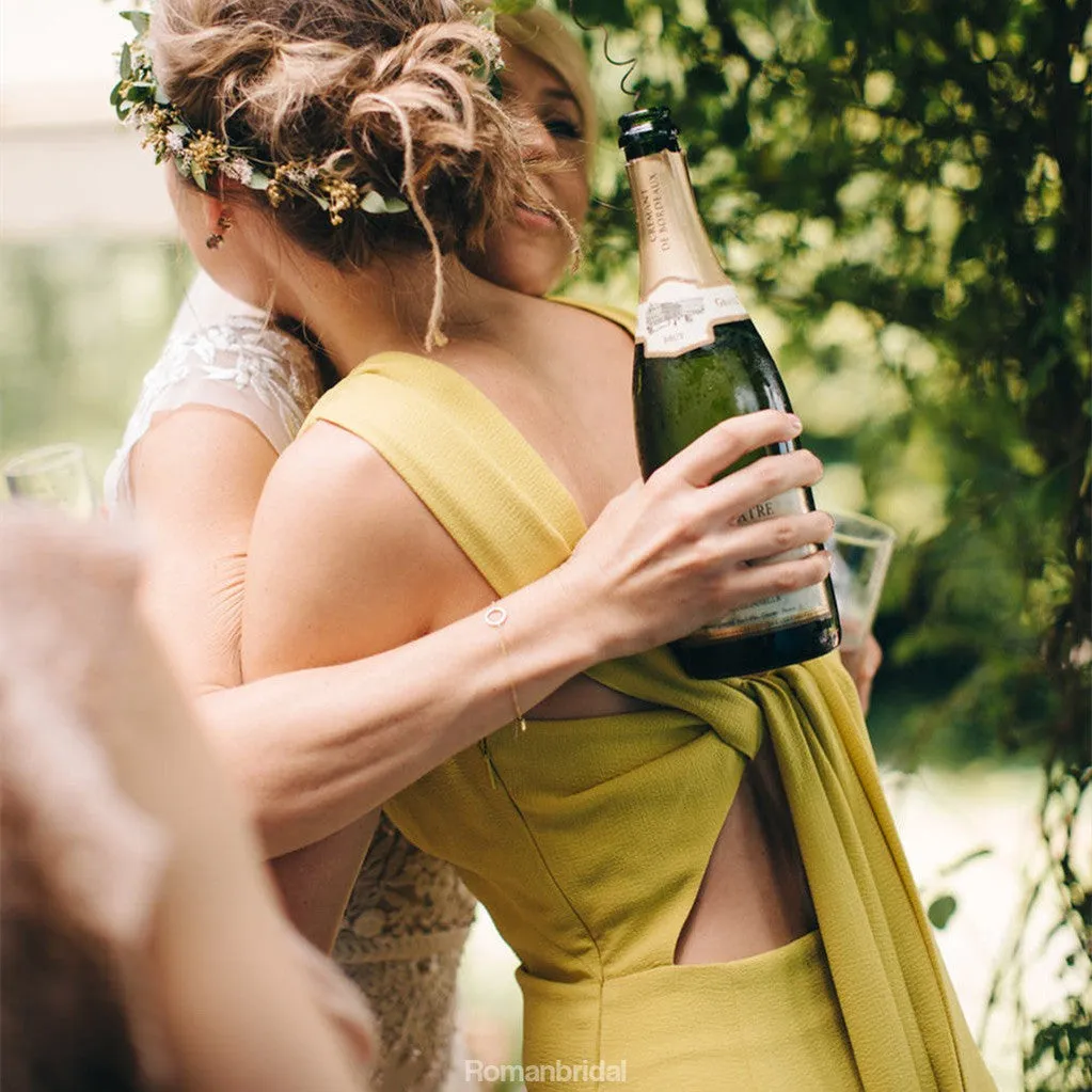 Country Style Floor-length Simple Front slit Cheap Yellow Unique Bridesmaid Dress, BD0511